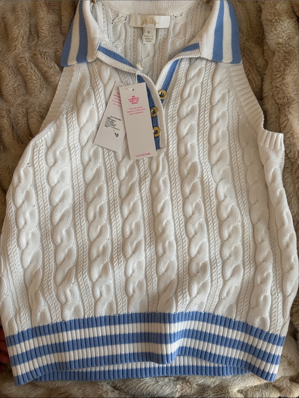 Lilly Pulitzer Cable Knit Sleeveless Polo - White & Light Blue
